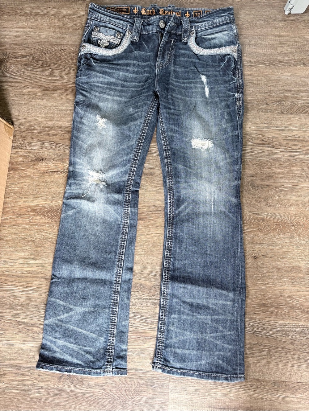 Rock Revival Blue Distressed Bootcut Jeans with Embroidered Pockets